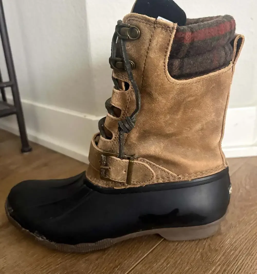 Sperry Saltwater Duck Boots Women’s 8 Tan Leather Waterproof Plaid Cuff Zip Lac